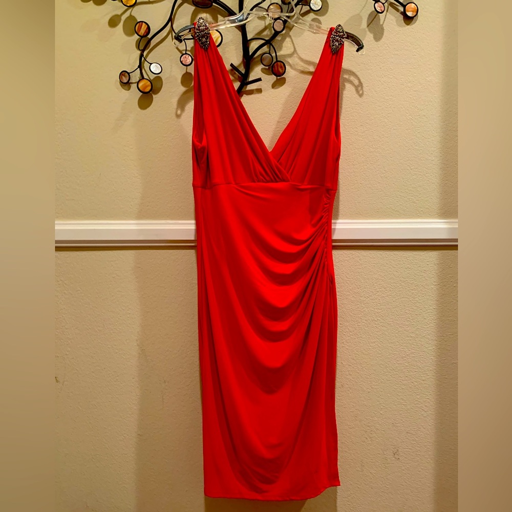 NWT Ralph Lauren Dress: Red, Midi, Metal Shoulder Brooch, Ruched Side, V-Neck 14
